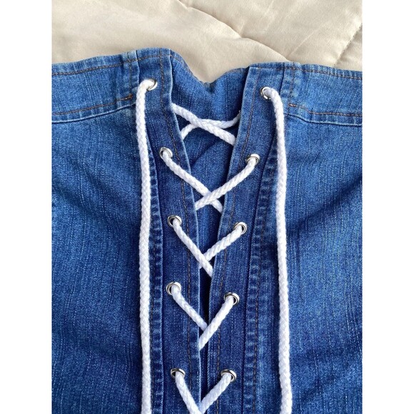 Y2K Denim Tube Dress M Pleated Skirt Lace-Up Front Drop Waist Skater 2000s USA - Picture 13 of 16